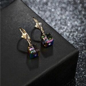 Elegant Gold tone and Swarovski Multicolor Cube Earrings